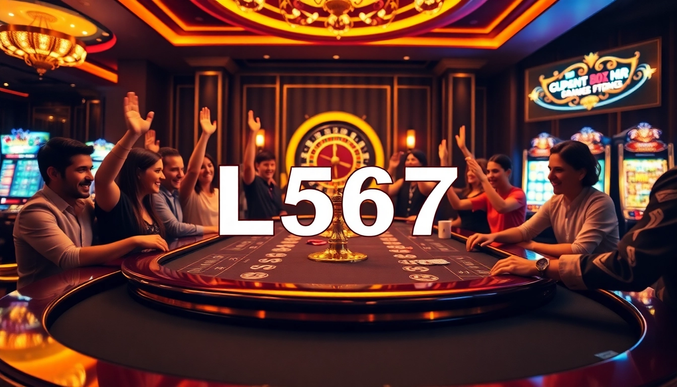 Exciting casino scene showcasing L567 with players celebrating winnings and engaging at a gaming table.