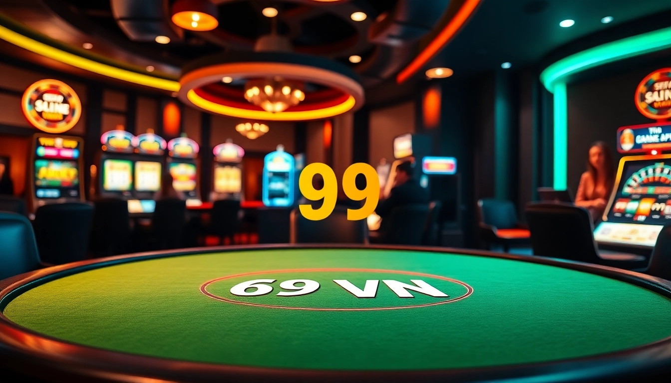 Engaging gambling scene with 69 VN logo, showcasing poker, slots, and roulette excitement.