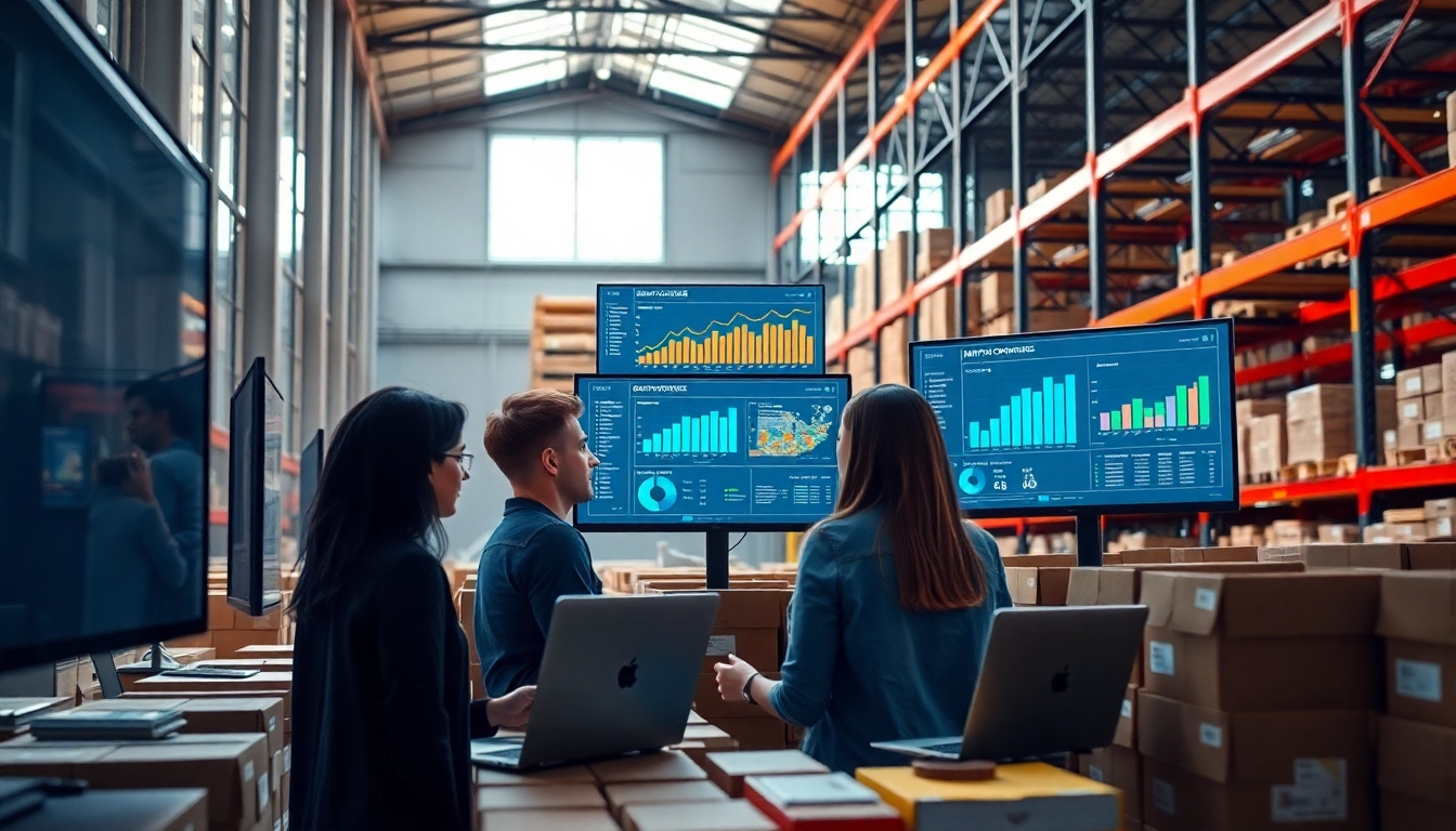 Team analyzing Inventory optimization software on monitors in a modern warehouse environment.