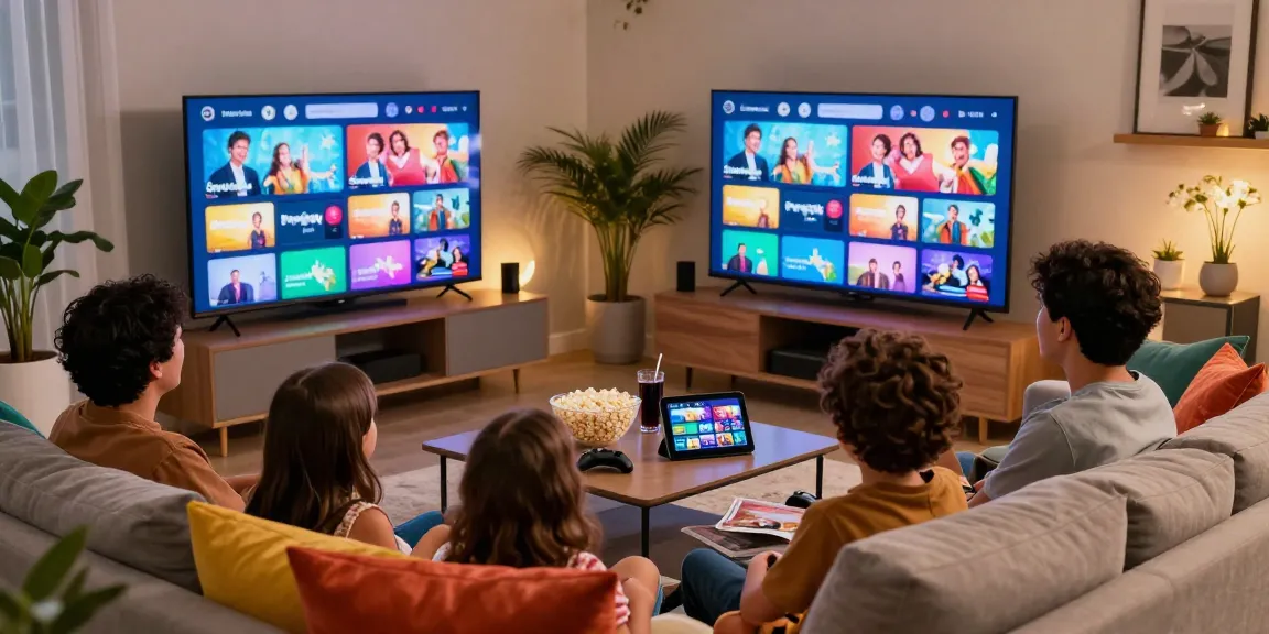 Família assistindo IPTV com bestbraziliptv na sala de estar, atmosfera descontraída e acolhedora.