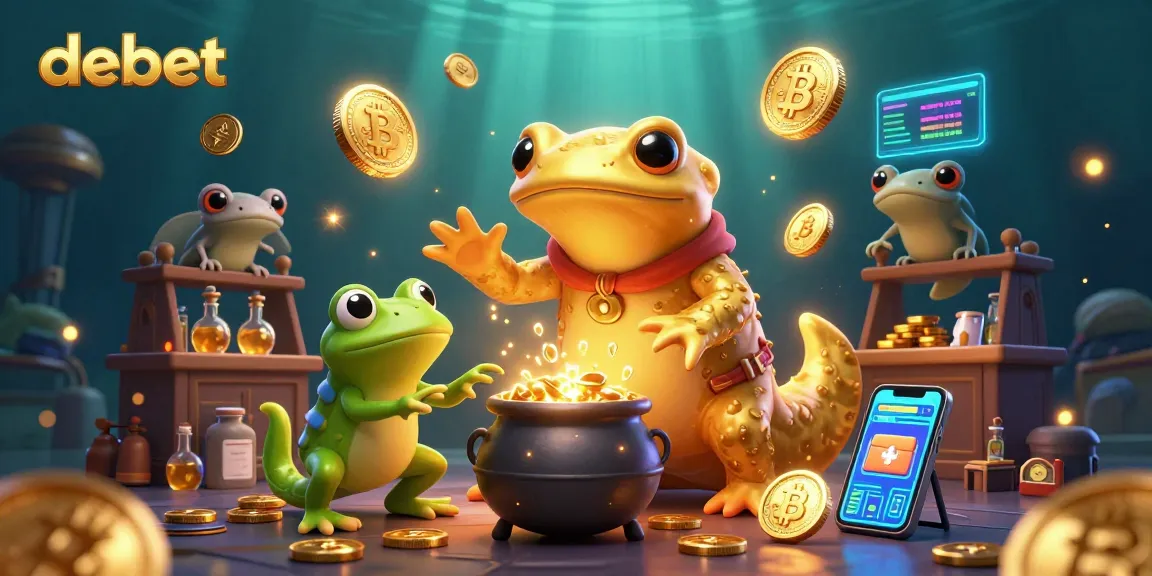 Experience debet's thrilling crypto casino atmosphere with a vibrant 3D illustration of gambling alchemy.