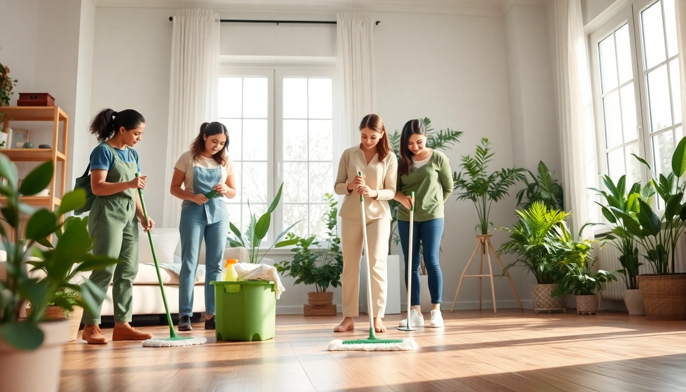 Showcasing eco friendly cleaning services with a team using sustainable products in a bright home.