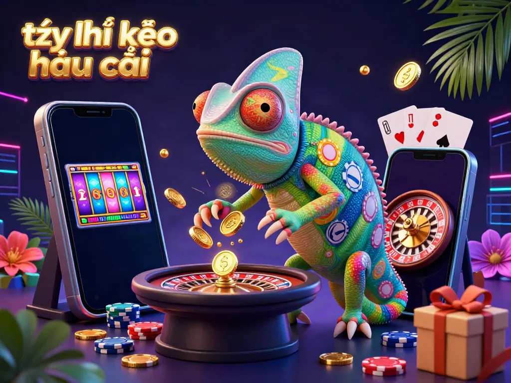 Explore tỷ lệ kèo nhà cái with the dynamic chameleon casino owner amidst vibrant gaming elements.