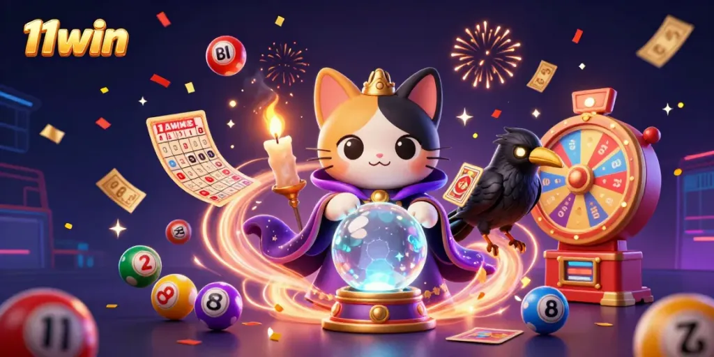 11win's vibrant illustration showcases a mystical cat, raven, and candles, surrounded by colorful gambling elements.
