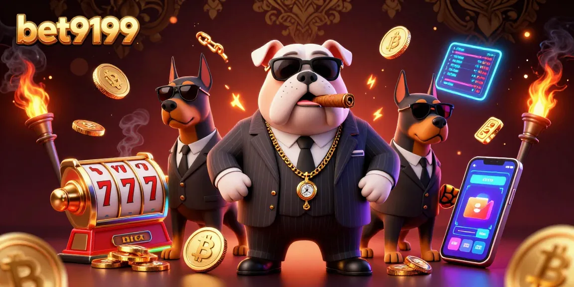 Experience bet9199's thrilling atmosphere with a mafia boss and bodyguards surrounded by exciting casino elements.