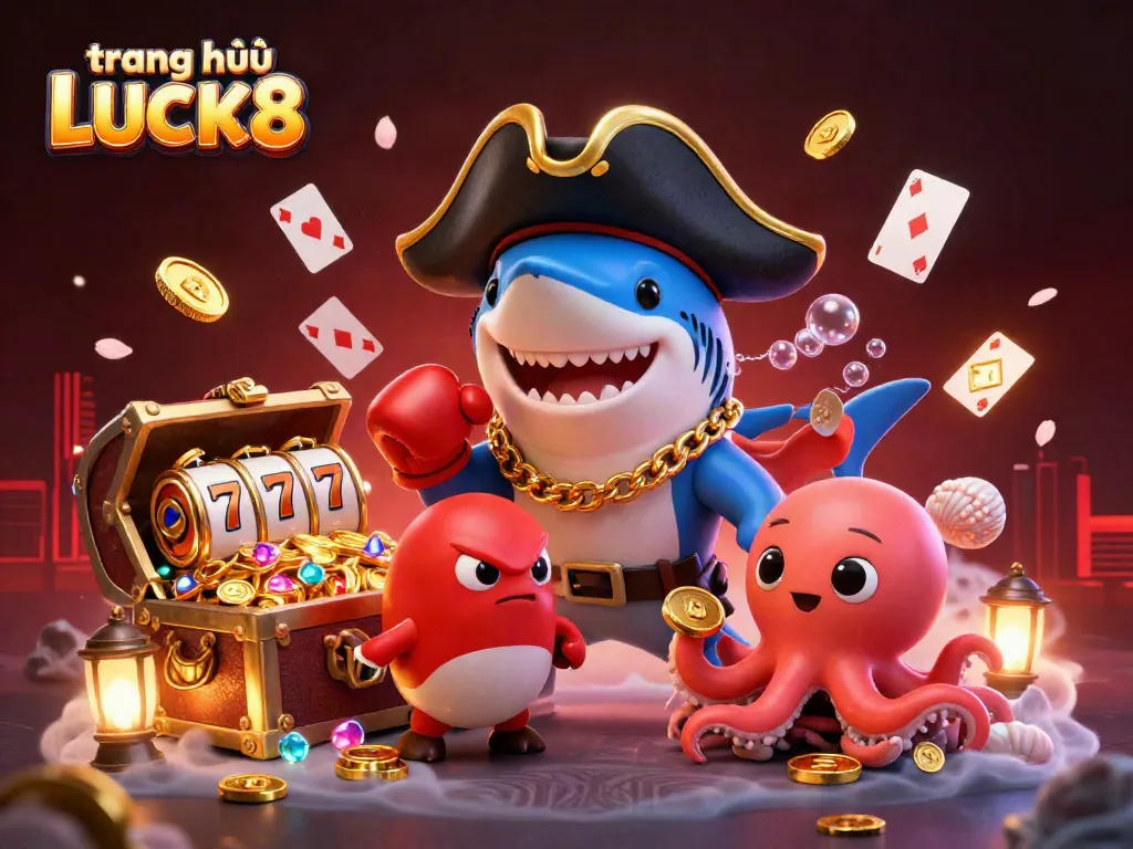 Experience the excitement of the trang chủ LUCK8 with vibrant characters amidst dynamic slots and treasures.
