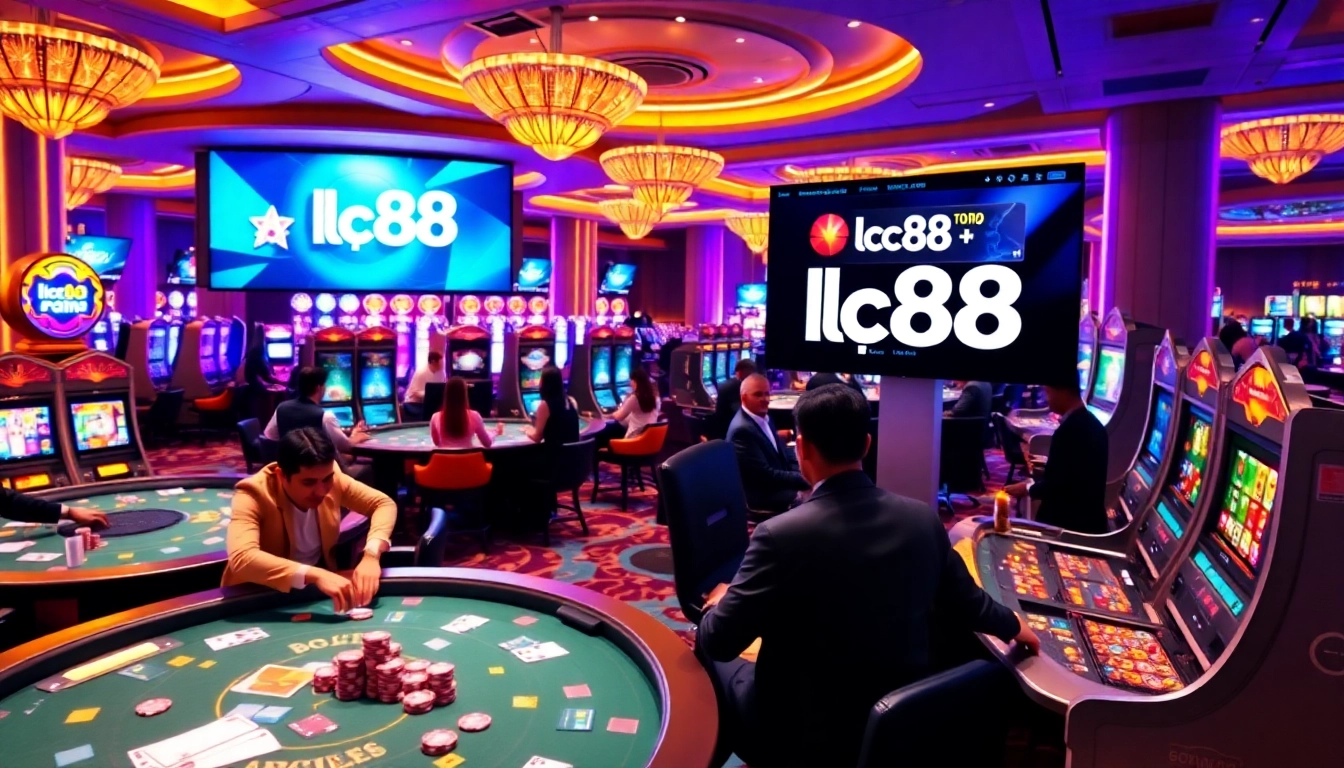 Engaged gamblers placing bets at the lc88 casino with bright slot machines and poker tables.