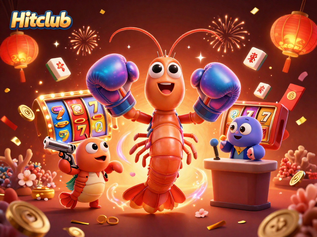 Experience the exciting gameplay at Hitclub with vibrant slot reels and lively 3D characters in a celebratory scene.