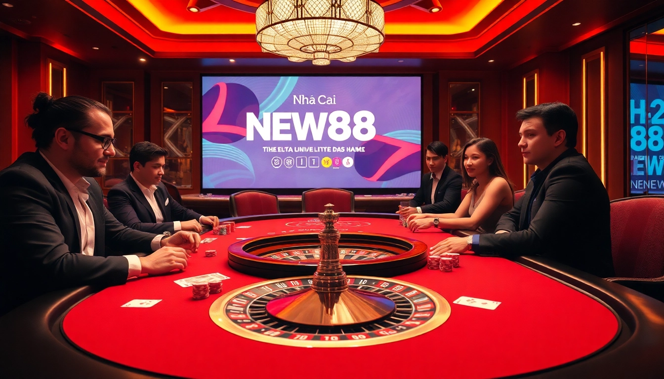 Engaging poker players at Nhà Cái NEW88 in a luxurious casino setting, showcasing high-stakes excitement and anticipation.