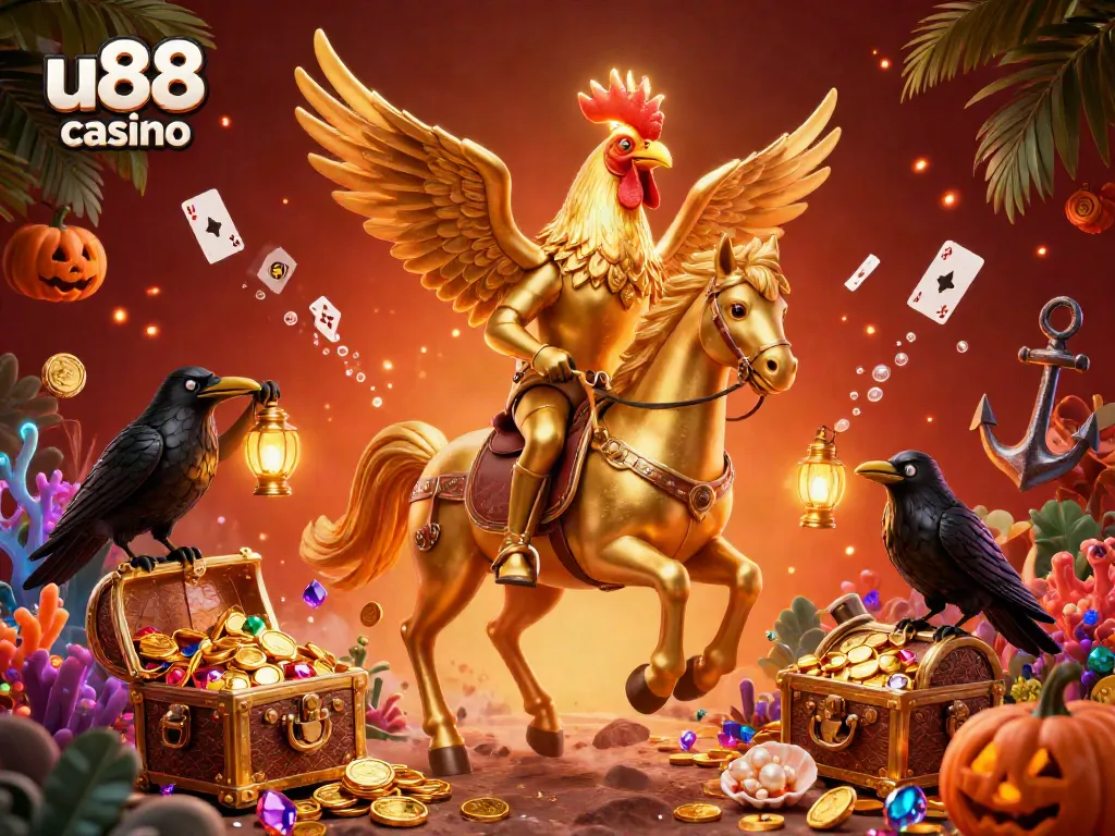 Experience u88 casino's vibrant atmosphere with a golden rooster horseman and treasure-filled backdrop.