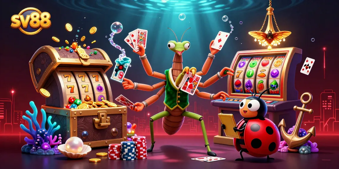 sv88 showcases a vibrant 3D illustration of slot reels, lucky 7s, and characters in a lively casino scene