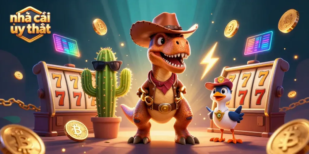 Experience thrilling gameplay at nhà cái uy tín with cartoon characters enjoying slot machines and digital coins.