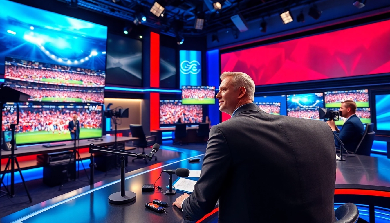Dynamic scene capturing Sports Broadcasting with hosts and technology in a modern studio.
