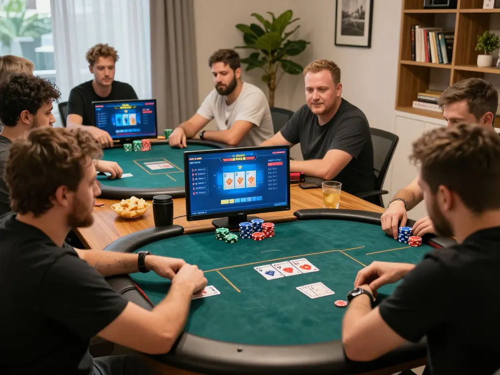 Players intensely strategizing during an online x333 poker game in a cozy home setting