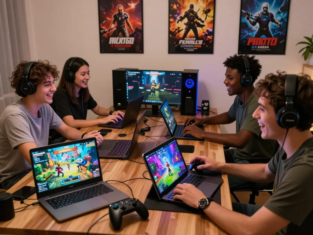 Friends playing free porn games on laptops and tablets in a cozy room.