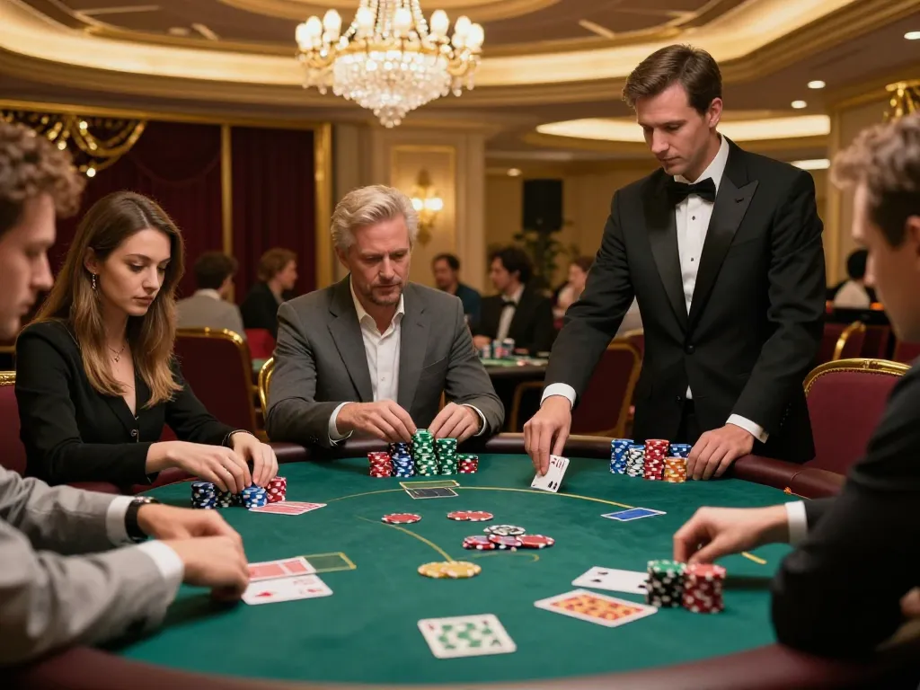 Players intensely competing in a Go8 poker game at a high-end casino, vibrant chips and cards visible, luxurious atmosphere.