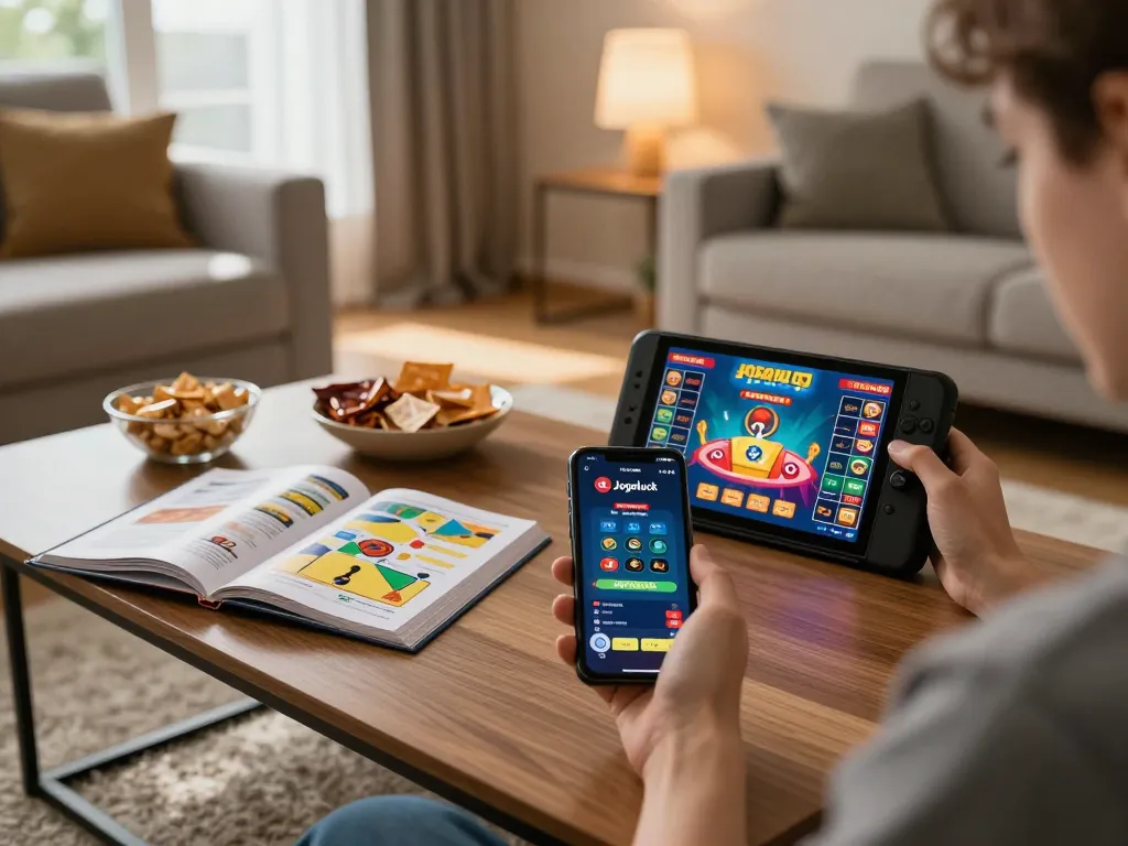 Player enjoying the jogoluck app on their smartphone in a cozy living room