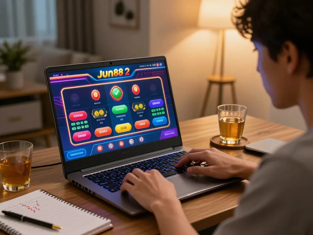 Engaging online gaming with Jun88 phiên bản 2 displayed on a laptop, capturing strategic betting moments.