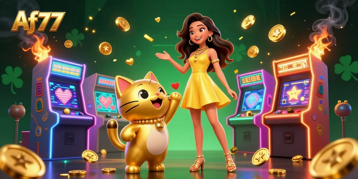 Experience the excitement at Af77 with vibrant games and lucky features in this engaging casino illustration.