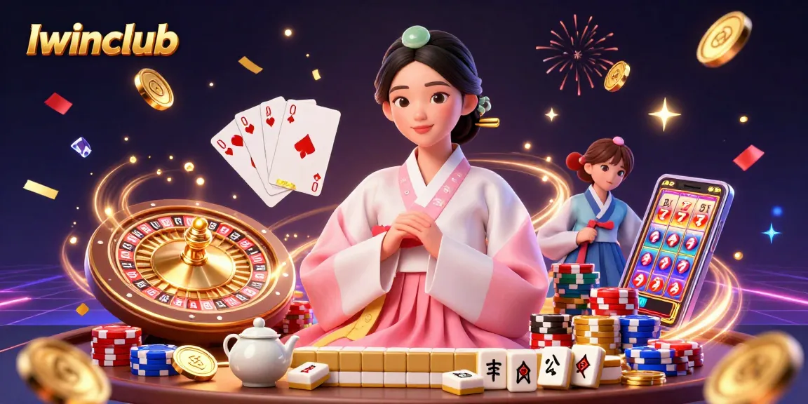 Iwinclub offers a vibrant gaming experience with a serene Asian woman in a hanbok, surrounded by casino elements.