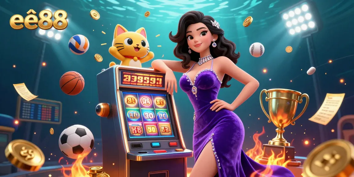 Discover thrilling sports betting with eê88, featuring a glamorous character beside a jackpot slot machine.