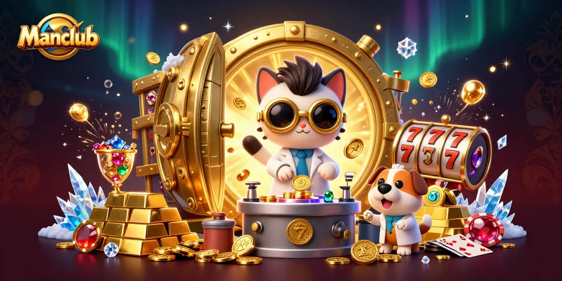 Join the thrilling world of Manclub with a vibrant casino scene full of gold, jewels, and action-packed gaming elements.