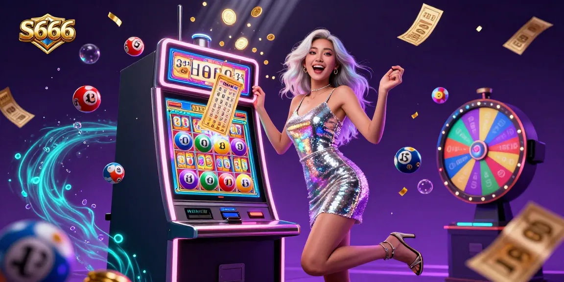 S666 casino excitement as an Asian woman celebrates a jackpot with colorful casino elements in dynamic motion.