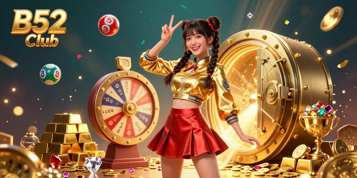 B52 Club showcases a vibrant 3D digital casino scene with a smiling Asian woman celebrating amidst golden treasures and bright confetti.