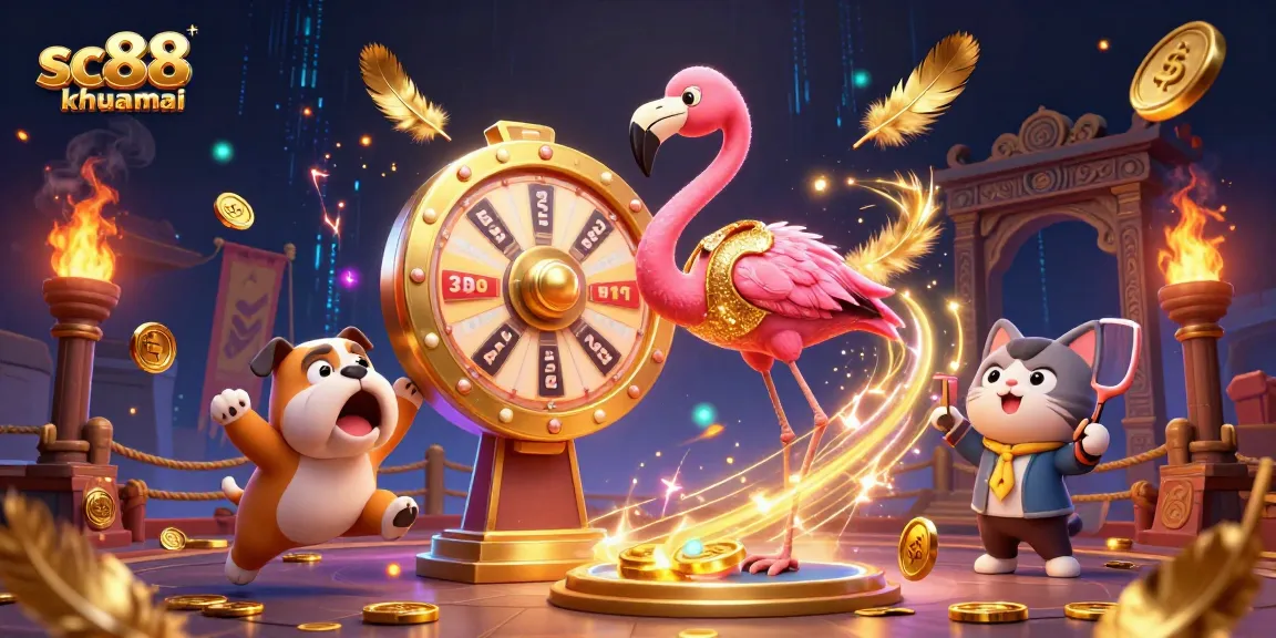 Experience exciting gaming moments with sc88 khuyenmai as the flamingo host spins a prize wheel amidst vibrant casino elements.