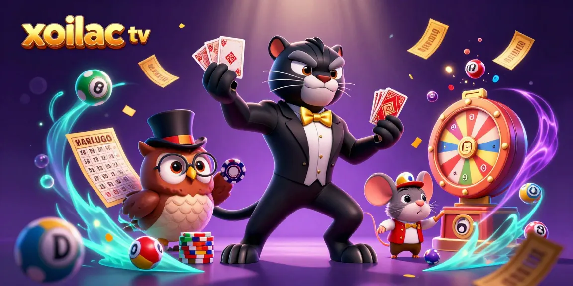 Xoilac TV showcases a vibrant gaming scene with a black panther dealer and dynamic lottery elements.