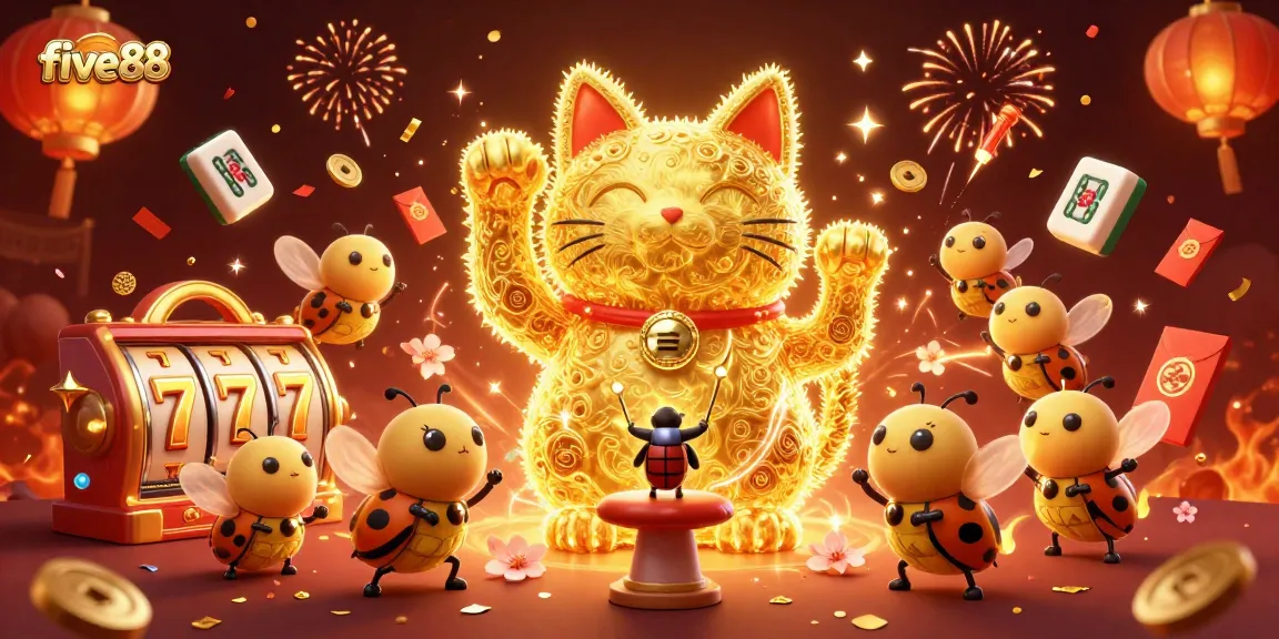 Win big with five88’s vibrant lucky cat illustration and slot symbols in a festive celebration.