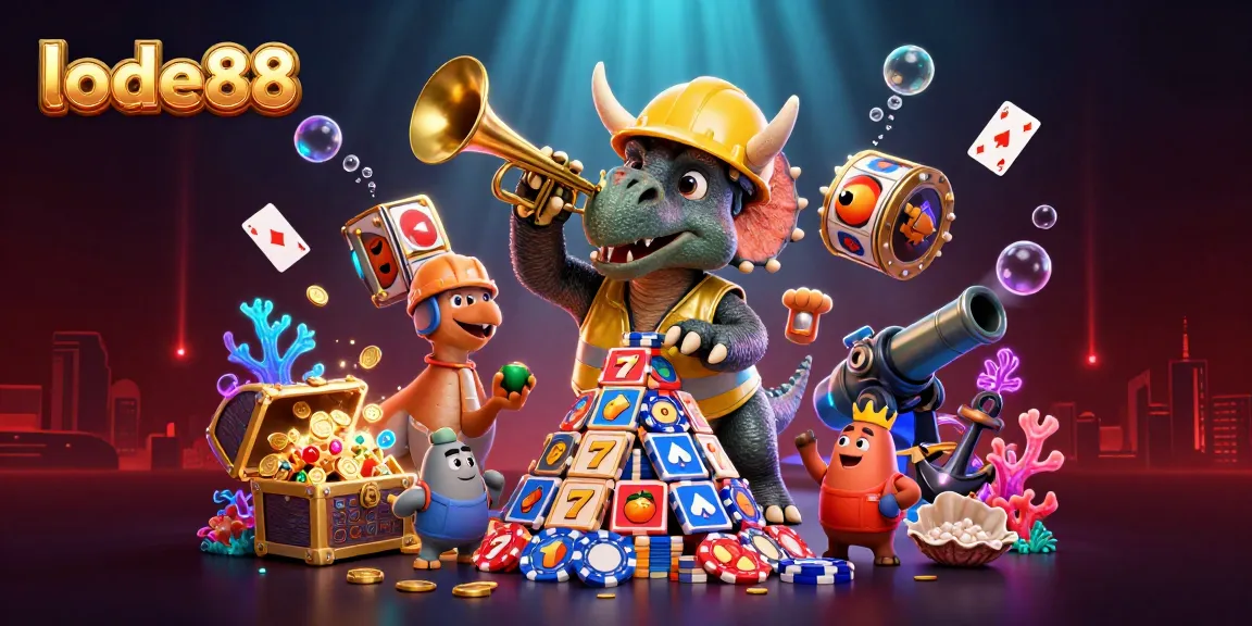 Win at lode88 with a vivid 3D scene showcasing a triceratops building poker chips in celebration.