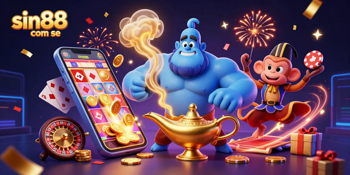 Spin the reels and win big with sin88 com se in this vibrant casino illustration featuring poker chips and a genie.
