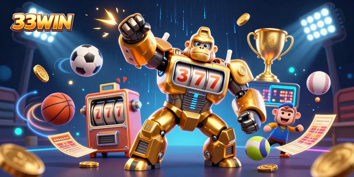 33WIN brings excitement alive with a golden gorilla mech and dynamic sports elements in a vibrant casino scene.