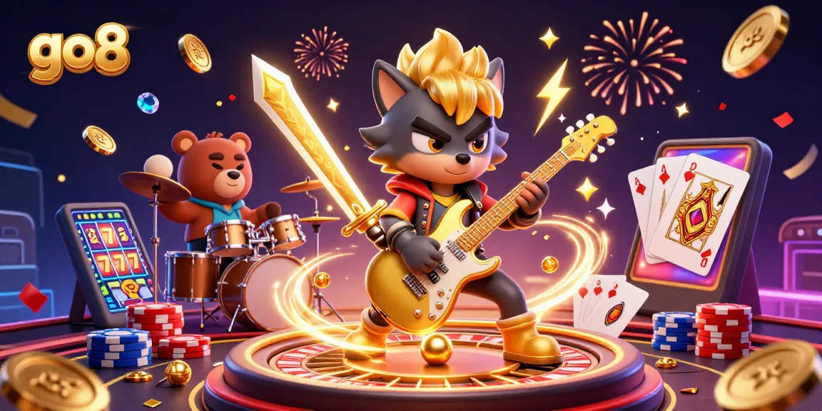 Experience the vibrant world of GO8 with dynamic casino action featuring a rock star wolf and golden gaming elements.