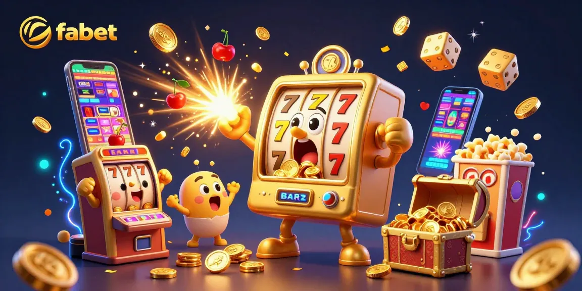 Experience fabet's thrilling jackpot with a golden slot machine celebrating a massive win, coins exploding around.