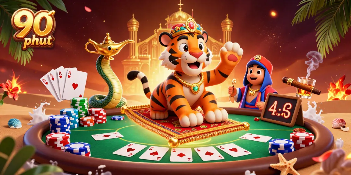 Experience the excitement of 90 phut with this colorful illustration of a sultan on a flying carpet amidst poker elements.
