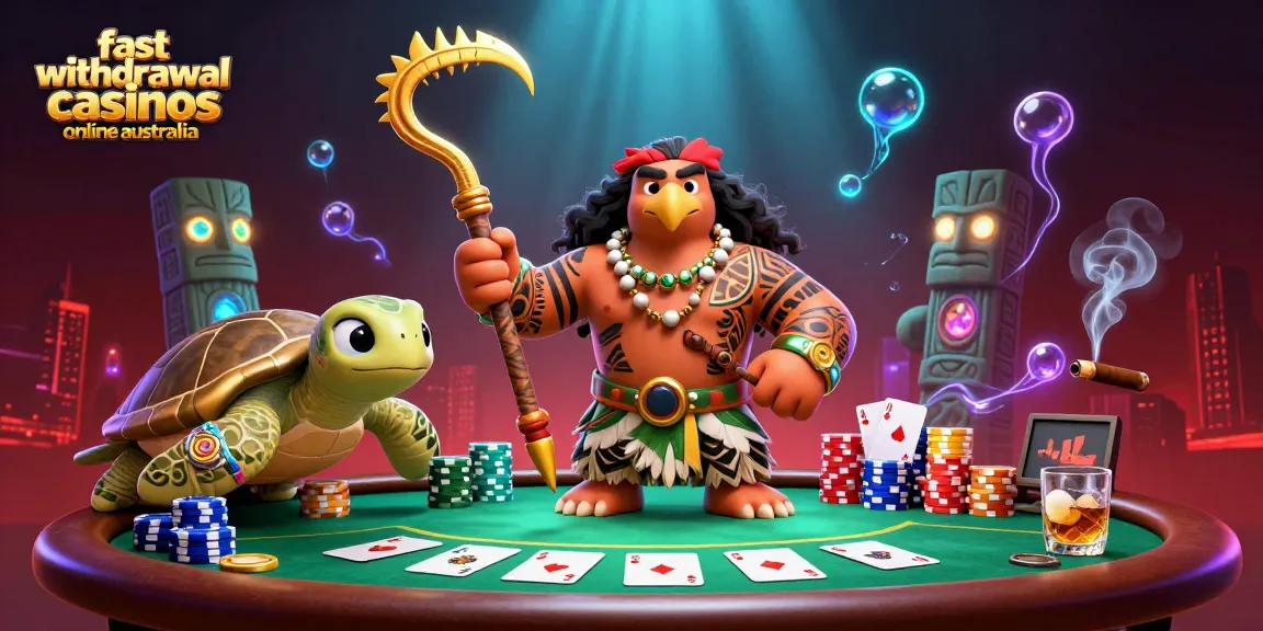 Experience fast withdrawal casinos online Australia with a vibrant 3D tropical casino scene showcasing poker action.