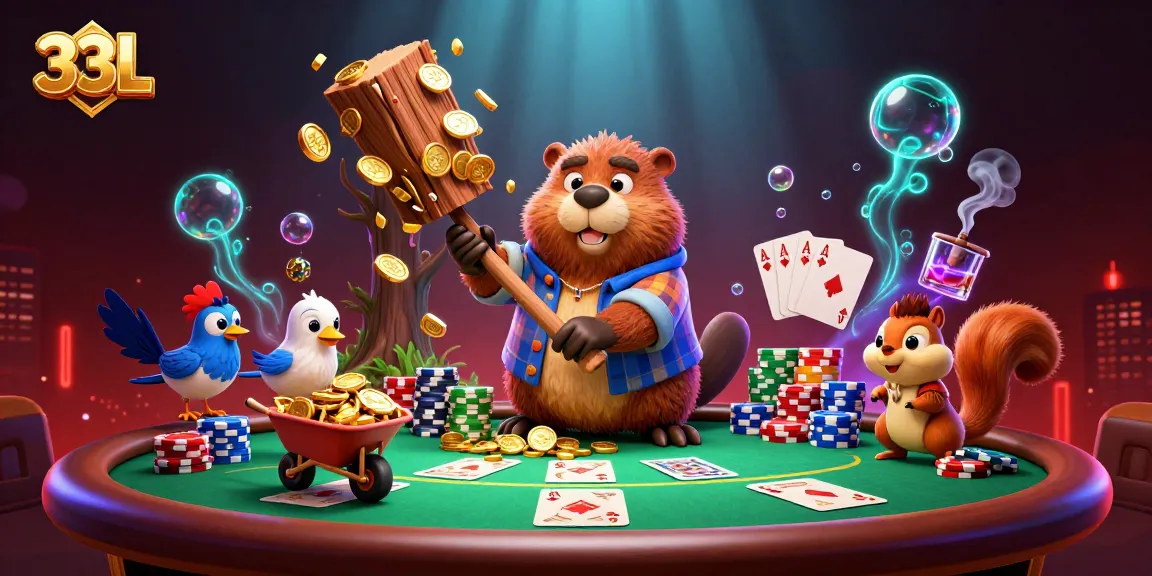 Experience exciting gameplay with 33L as characters collect coins around a poker table in this dynamic illustration.
