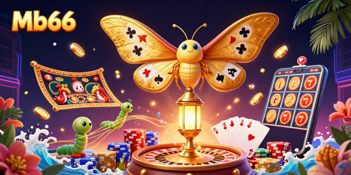 Experience thrilling moments with Mb66 as golden coins and vibrant gameplay elements surround a majestic moth in a 3D casino scene.