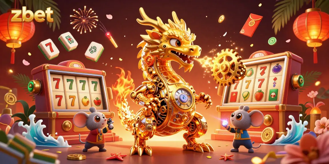 Experience the thrilling zbet action with a golden dragon and vibrant gaming elements in this stunning illustration.