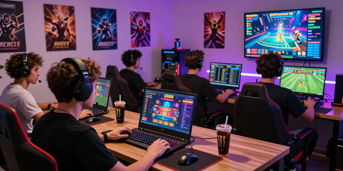 Engaged gamer at home playing on QS88 digital platform, surrounded by gaming accessories and vibrant atmosphere.