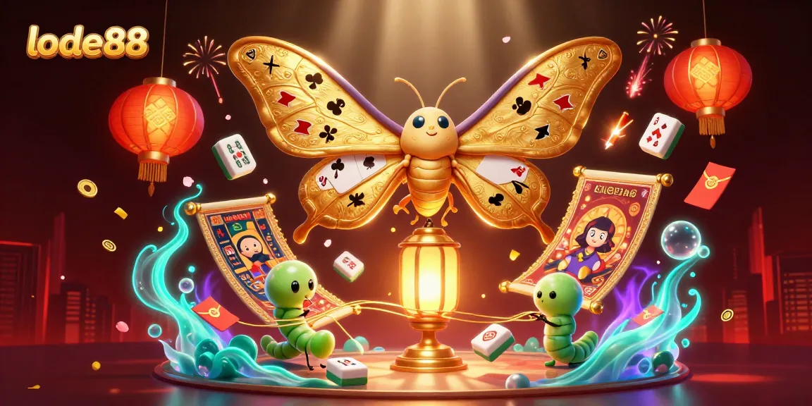 Lode88 showcases a stunning 3D illustration with a dazzling atlas moth amid a vibrant casino theme.