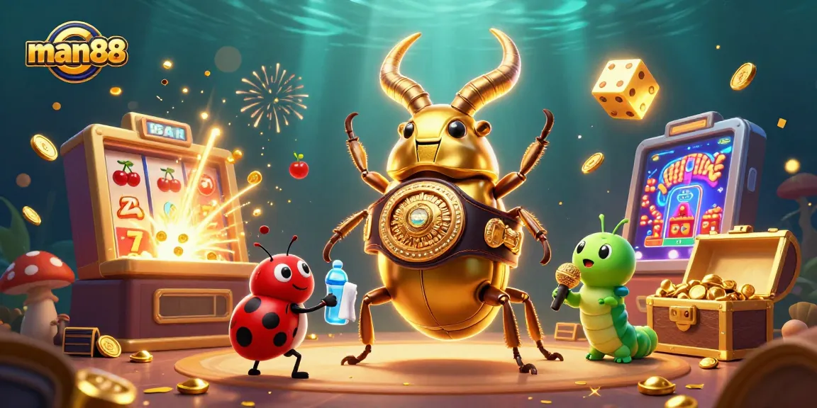 man88 casino excitement with a giant stag beetle boxer and vibrant slot machine action