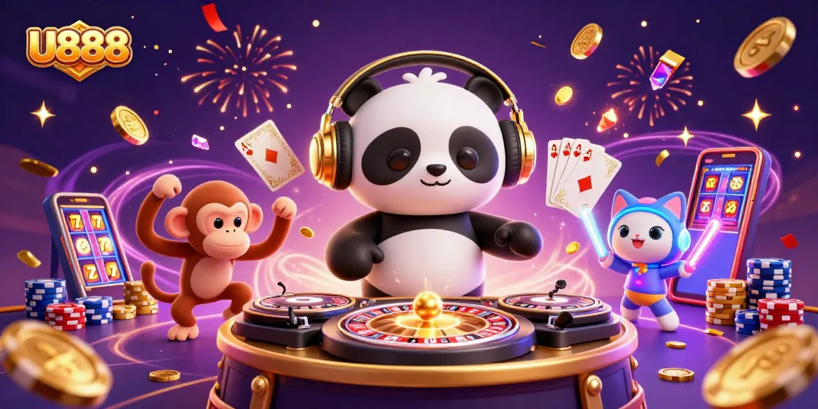 Experience the excitement of U888 with dynamic casino elements and vibrant 3D characters.