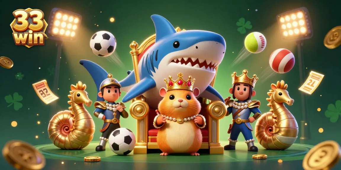 Engage with dynamic gaming elements at 33 win, featuring a golden hamster king with sports balls.