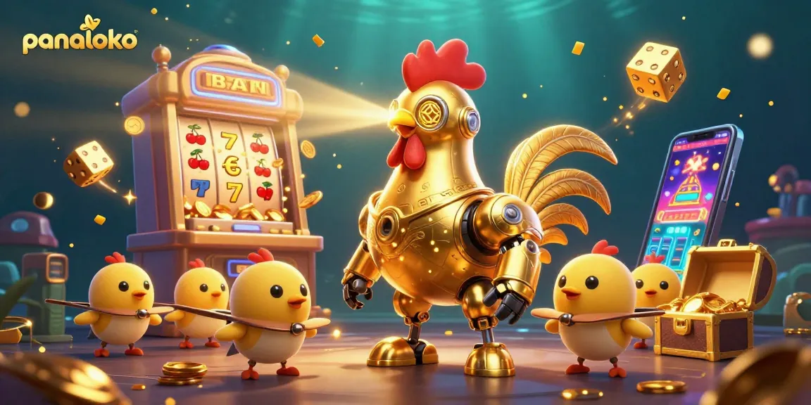 Panaloko showcases an engaging 3D cartoon illustration of a golden rooster robot with baby chick drones amidst vibrant casino game elements.