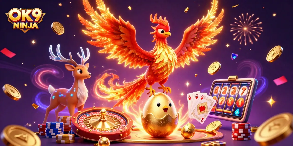 Experience the excitement of OK9 NINJA with a vibrant 3D casino scene featuring a phoenix, baby chick, and stag amidst dynamic gaming elements.