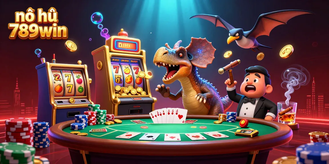 Experience nổ hũ 789win as a pachycephalosaurus triggers jackpots amidst a bustling casino scene.