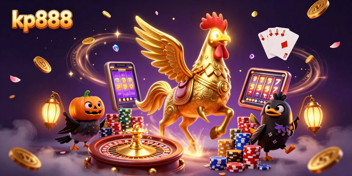 Join the thrilling action at kp888 with golden rooster and friends in a spectacular casino scene.